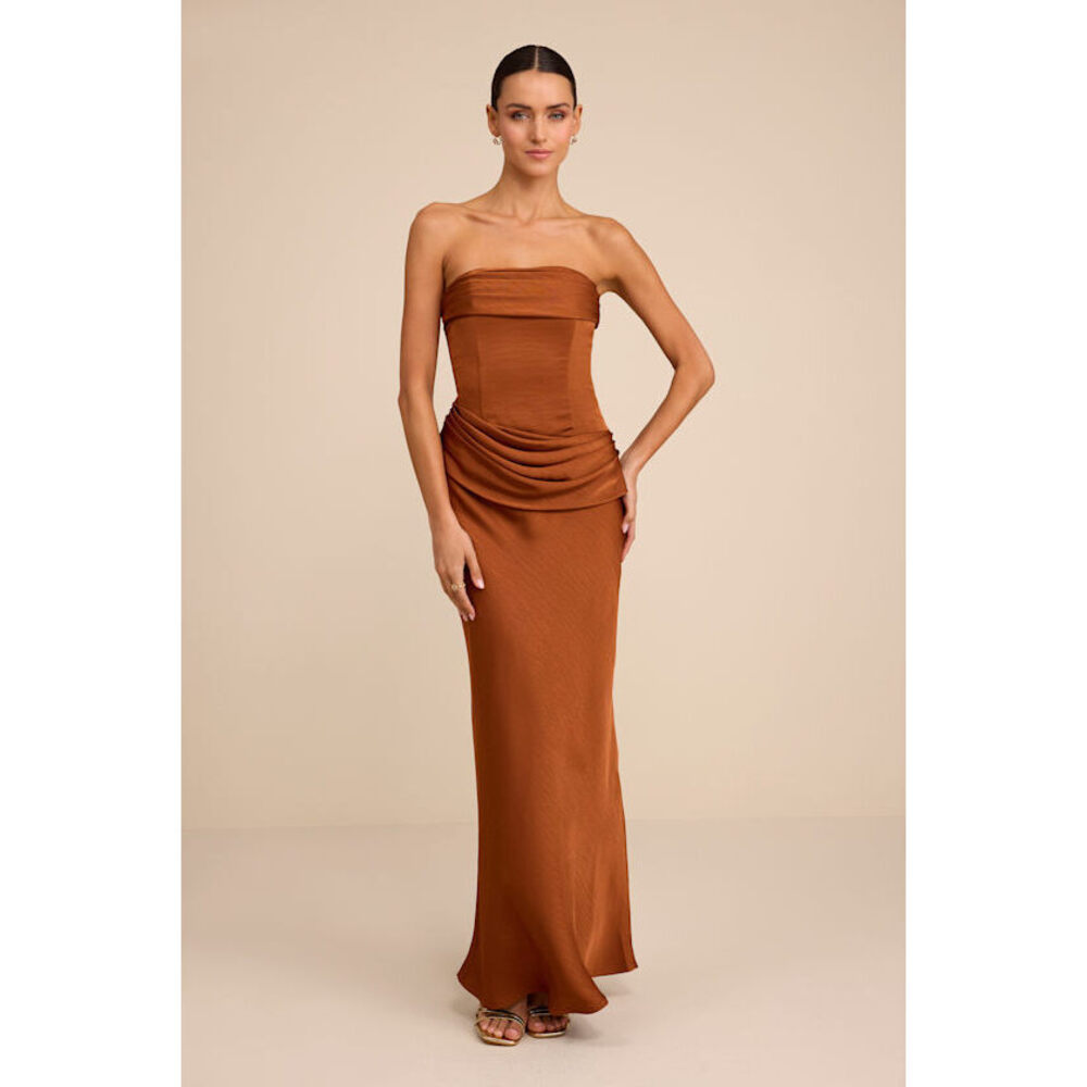 Lulus Verbena Bronze Satin Draped Strapless Maxi Dress Orange - Size M